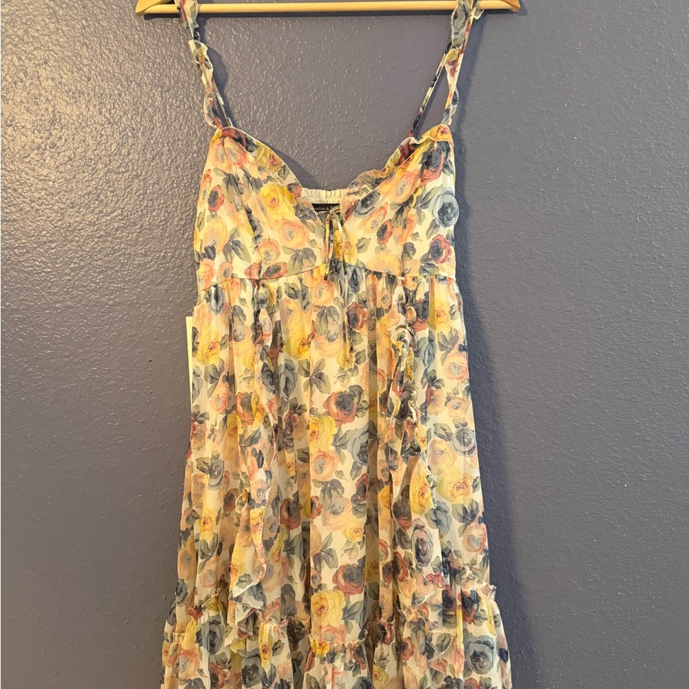 Abercrombie & Fitch Cream Smocked Dress with Floral Trim